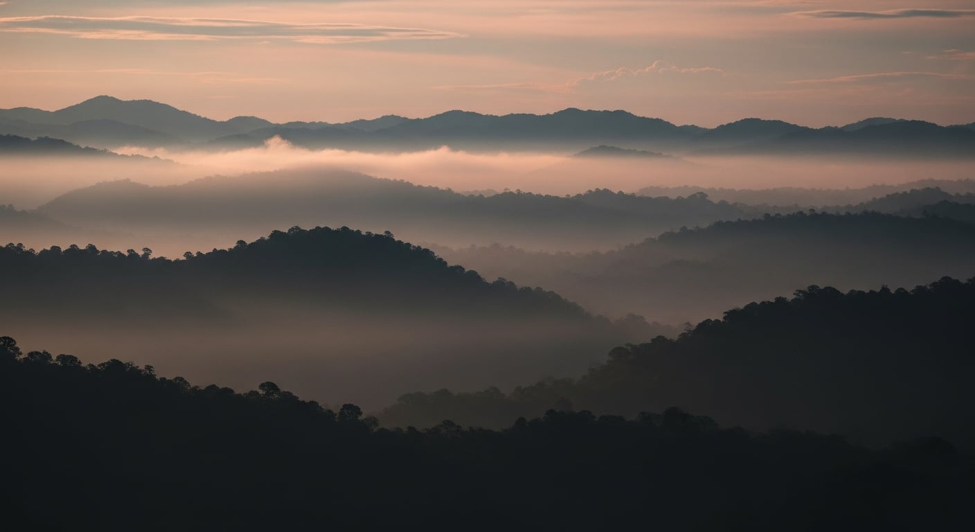 Niebla sobre un remoto valle fluvial tropical en Panamá al amanecer.