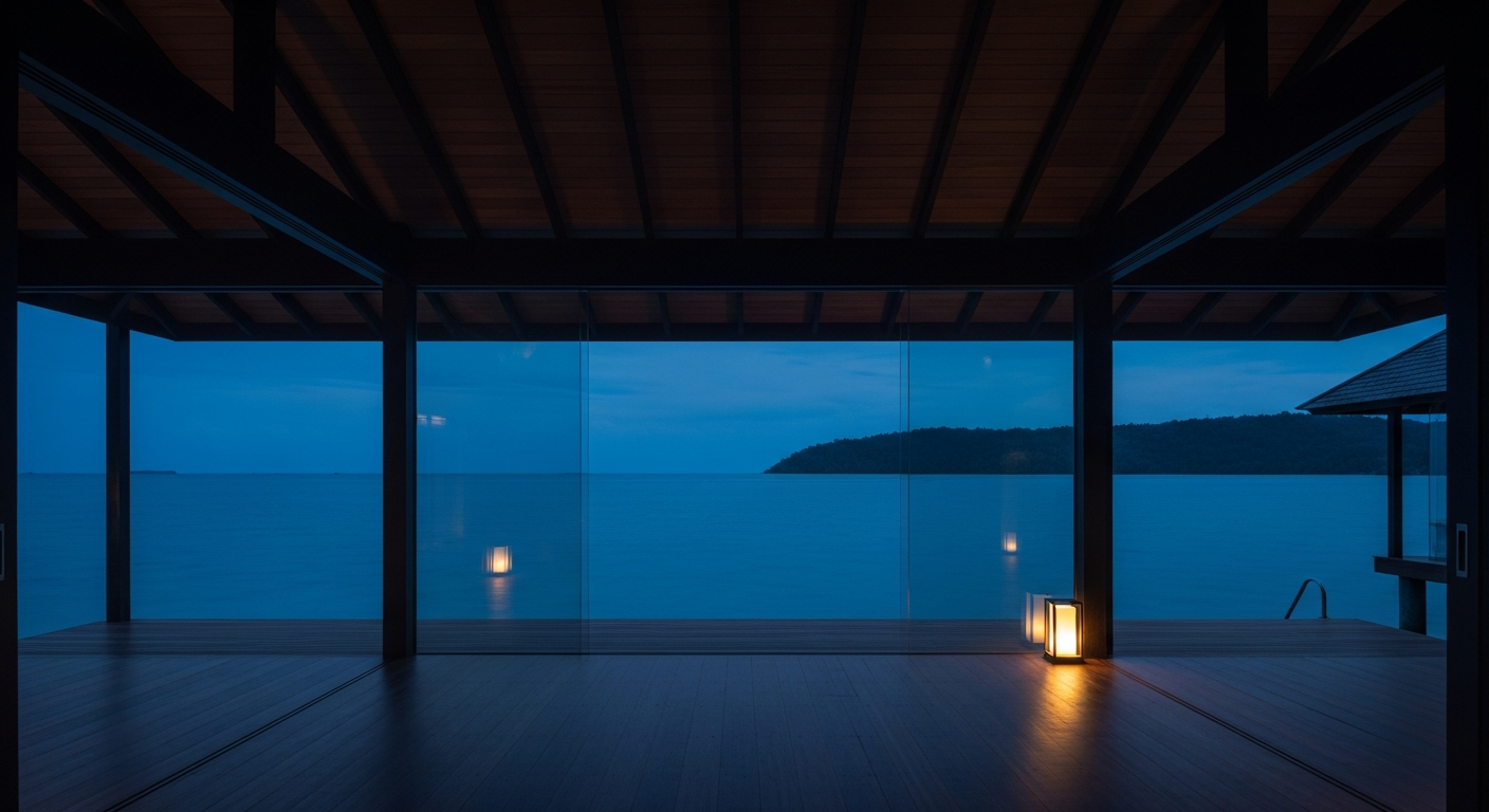 Interior vacío de una villa de lujo sobre el agua a la hora azul, iluminada por un solo farol cálido.