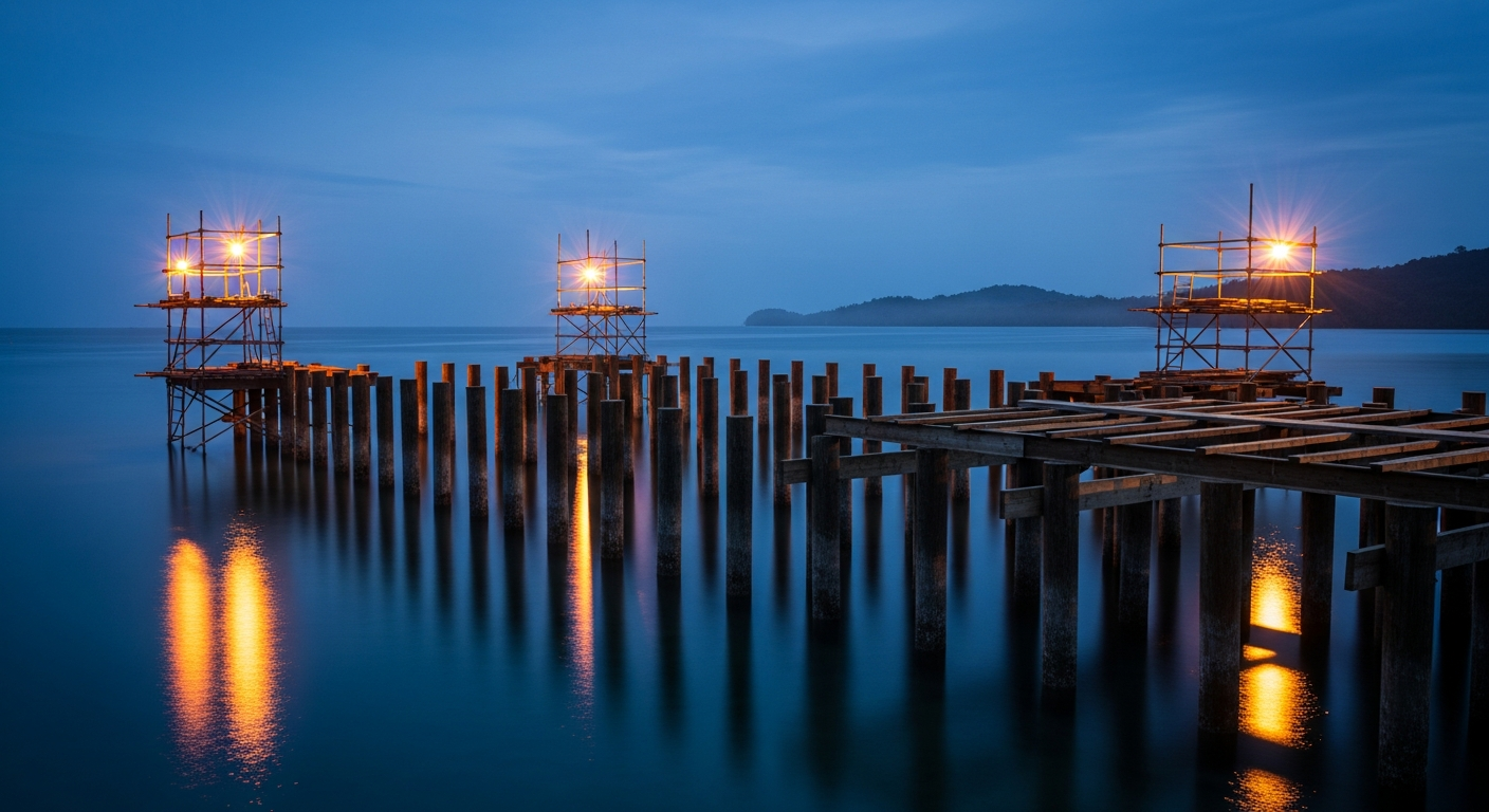 Muelle sobre el agua y fundación de pilotes en construcción al atardecer en un entorno remoto del Caribe.