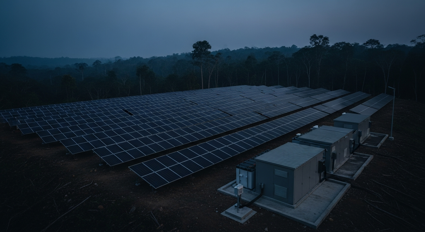 Arreglo solar fotovoltaico en una cumbre tropical despejada al atardecer, con cerramientos de baterías.