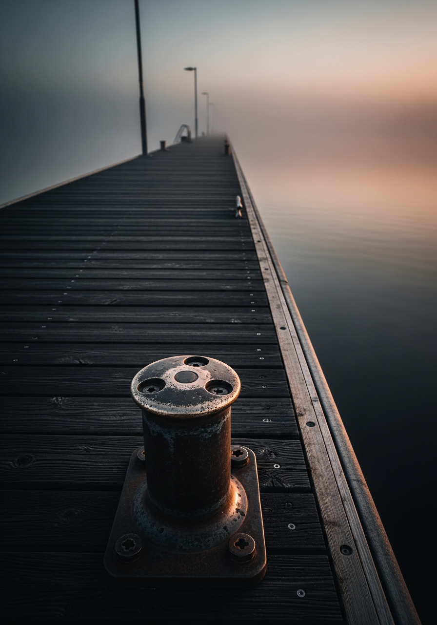 Llegada al muelle — niebla · agua quieta