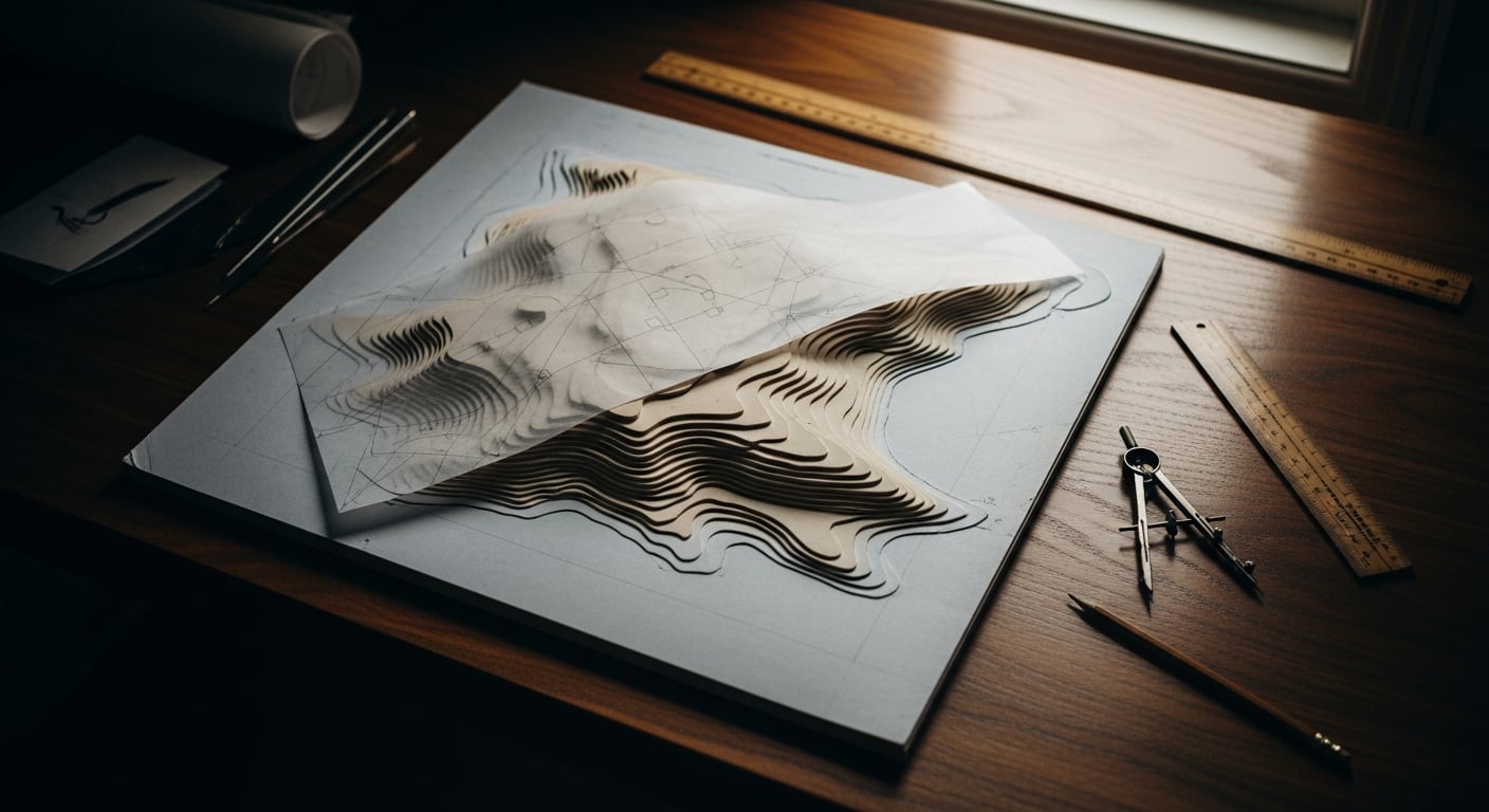 Maqueta arquitectónica de sitio sobre una mesa de trabajo de nogal oscuro, con instrumentos de dibujo dispuestos con intención.