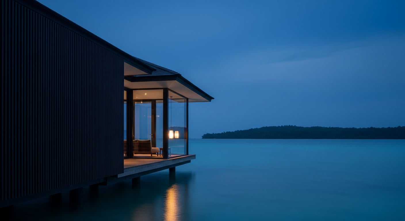 Villa de lujo terminada sobre el agua a la hora azul, revestimiento de madera oscura, un solo farol interior cálido.