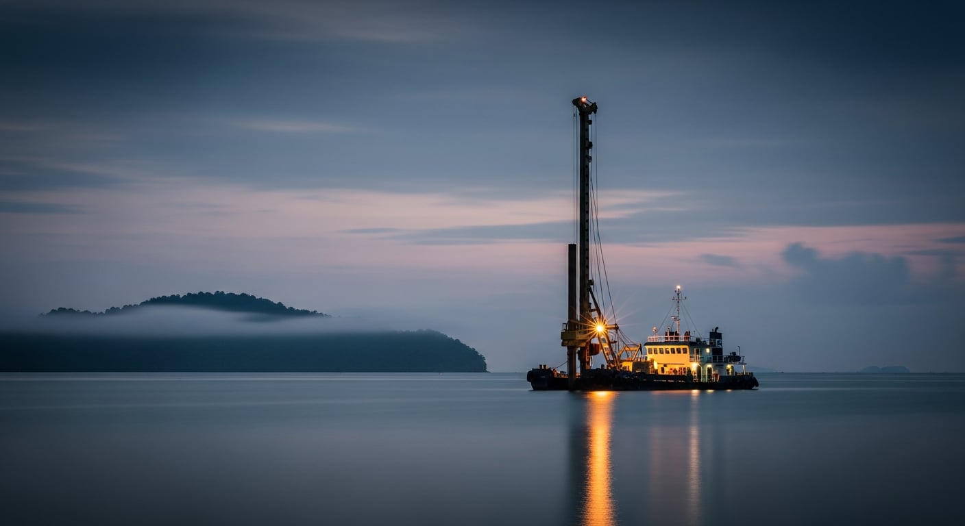 Una plataforma de hincado de pilotes en una bahía tropical en calma al atardecer.